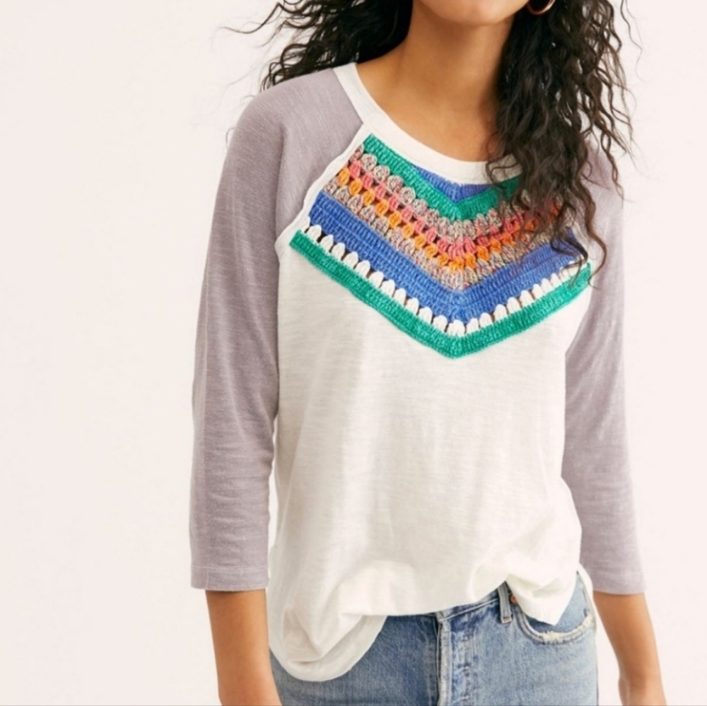 Free People Raglan Crochet 3/4 Long Sleeved Top, Size XS but fits Bigger